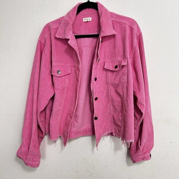 Pol Barbie Pink Wide Wale Corduroy Jacket Distressed Frayed Hem Size M Button Up - Picture 12 of 15